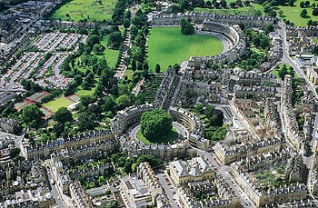 Great Britain, England, Bath, Royal Crescent and the Circus, aerial view