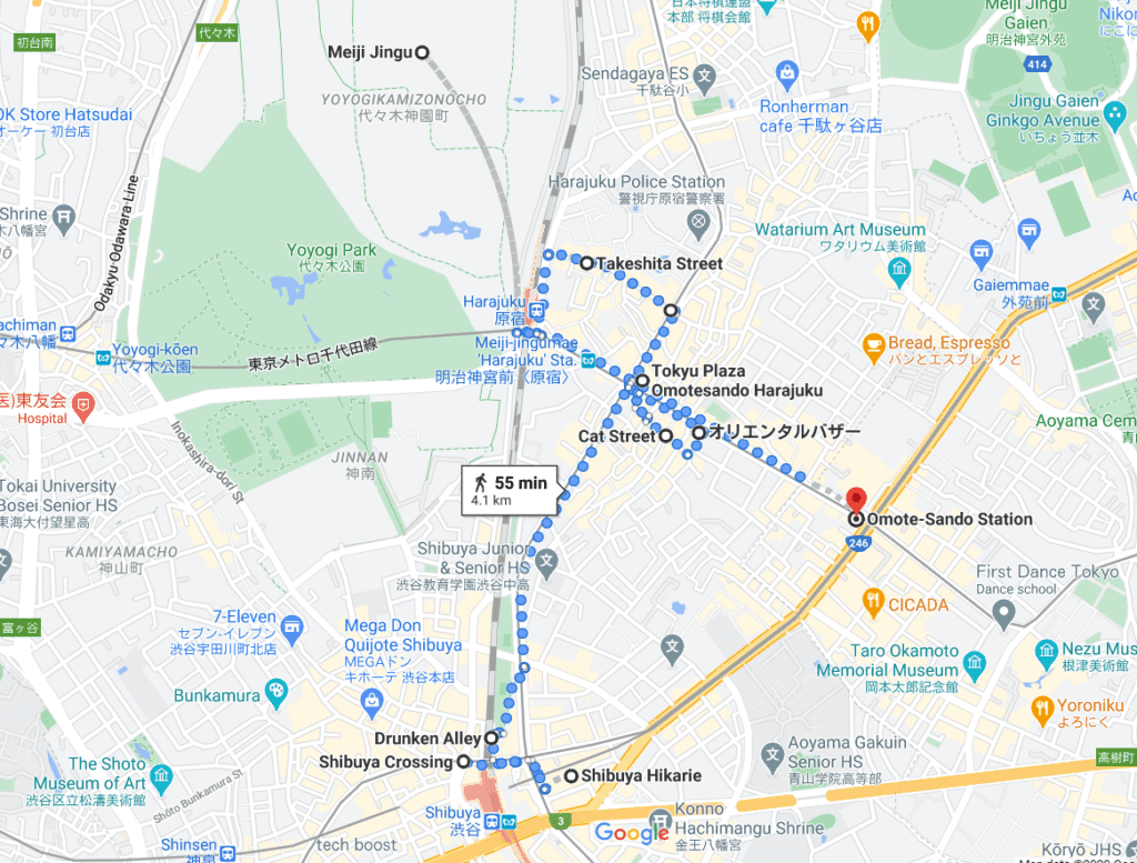 Shibuya and Harajuku walking route